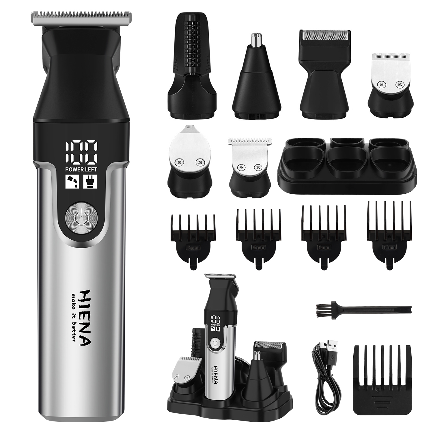 Grooming Men'S Eyebrows - HIENAプロフェッショナル多機能バリカンセット、R型調整可能刃コードレスバリカン（LEDディスプレイ付き）、耳毛・鼻毛トリマー、6種類のガイドコーム＆トリマーヘッド、男性用グルーミングキット、充電式、USB充電、コードレスヘアカット